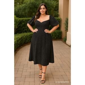 Pretty Little Thing Black Polka Dot Puff Sleeve Midi Dress 18 NWT